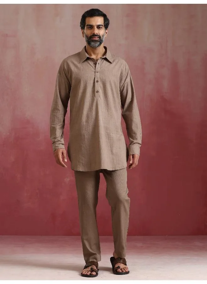 trueBrowns Men's Grey Cotton Shirt Collar Stylized Kurta Co-ord set