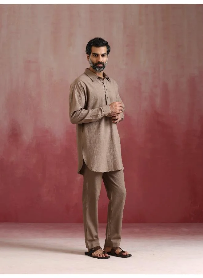 trueBrowns Men's Grey Cotton Shirt Collar Stylized Kurta Co-ord set