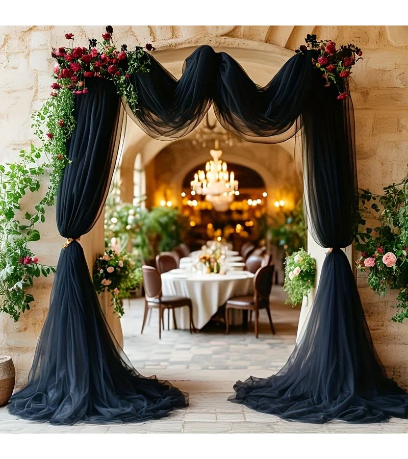 Elegant Large Black Wedding Arch Drape 236x30 Inches Classic Polyester Sheer Curtain For Ceremony Reception Stage Decor Christmas Halloween Engagement - Image 5