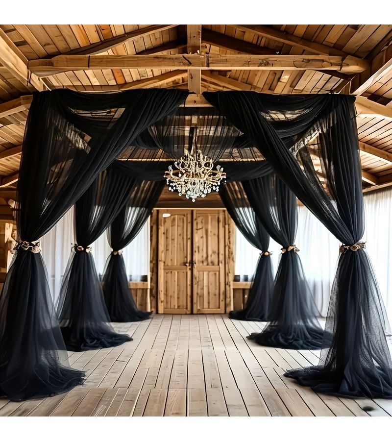 Elegant Large Black Wedding Arch Drape 236x30 Inches Classic Polyester Sheer Curtain For Ceremony Reception Stage Decor Christmas Halloween Engagement - Image 1