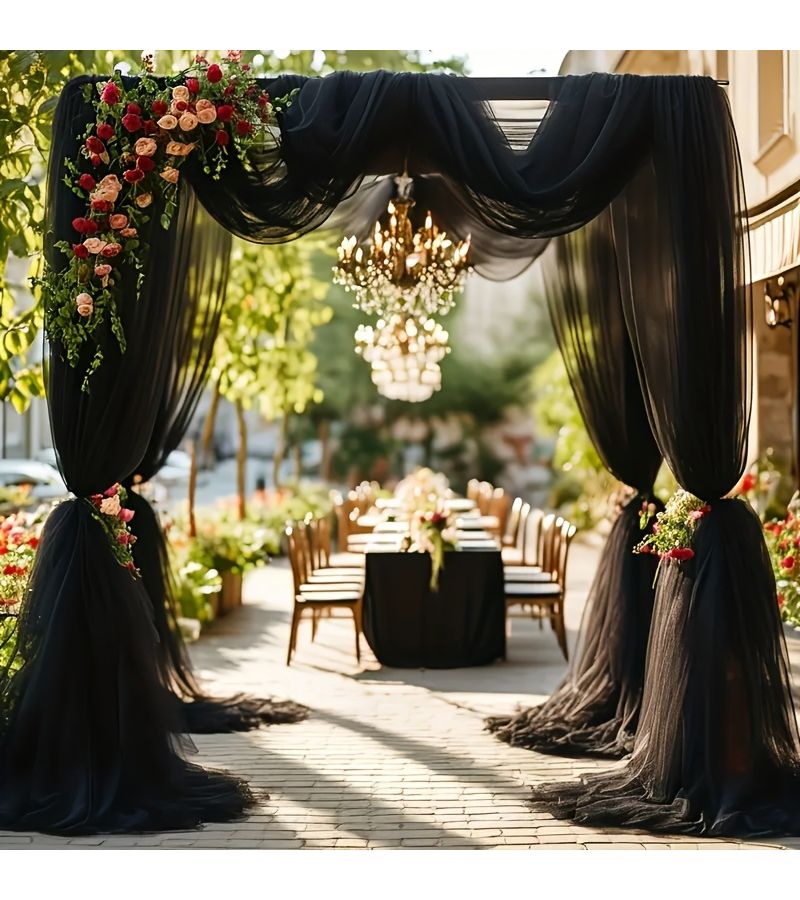 Elegant Large Black Wedding Arch Drape 236x30 Inches Classic Polyester Sheer Curtain For Ceremony Reception Stage Decor Christmas Halloween Engagement - Image 2