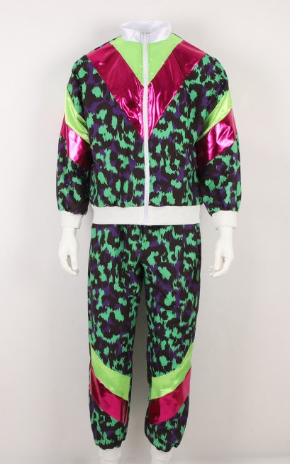 Cross Border 80 s Disco Sportswear Jacket and Pants Jogging Suit Retro Style 80 s Theme Party Green leopard print sportswear