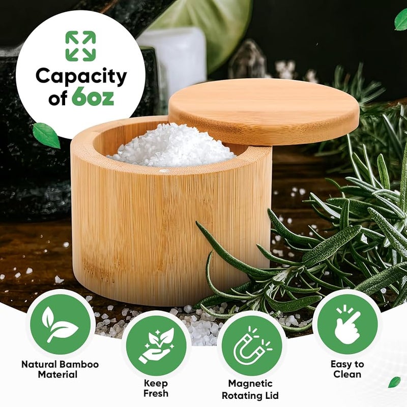karmiero Salt Cellar, Bamboo Salt Container with Lid, Solid Salt Box Holder with 360° Swivel Lid for Countertop to Store Pepper Spice, Elegant Flaky Salt Containers Bowl on Your Kitchen, 6 Oz - Image 1