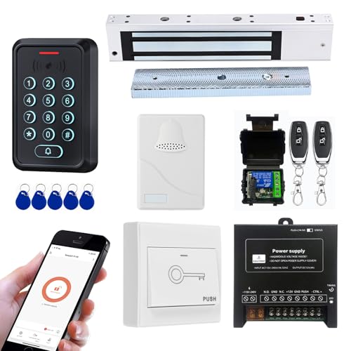 YUHANUS Smart Door Access Control System with 280KG 600lbs Magnetic Lock, WiFi & Tuya App Remote Unlock, Waterproof Keypad Reader (ID & IC Card), Power Supply, Exit Button, Doorbell & Remote Controls - Image 1