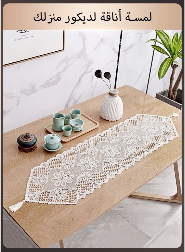 Hollow Lace Table Runner White Cotton - Elegant Floral Design for Dining Table & Home Deco - Image 1