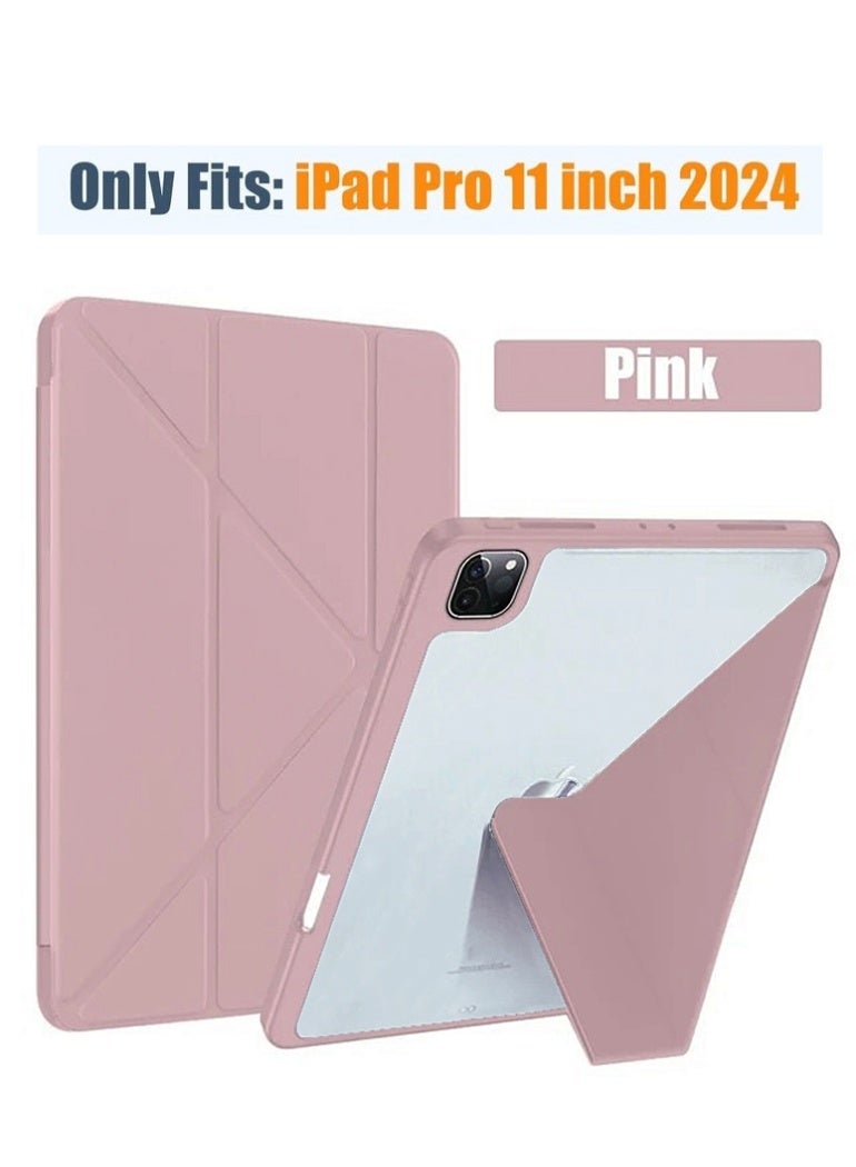 مجيد جراب iPad 11 Pro الجيل الخامس M4 2024 ثلاثي الطي مع حامل قلم Apple Pencil، خاصية التشغيل/الإيقاف التلقائي، غطاء مغناطيسي ذكي، غطاء خلفي شفاف من الأكريليك مقاوم للصدمات، لون وردي - Image 1