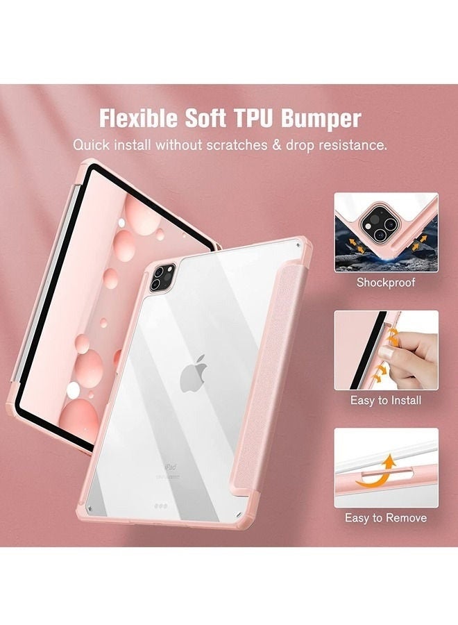 مجيد جراب iPad 11 Pro الجيل الخامس M4 2024 ثلاثي الطي مع حامل قلم Apple Pencil، خاصية التشغيل/الإيقاف التلقائي، غطاء مغناطيسي ذكي، غطاء خلفي شفاف من الأكريليك مقاوم للصدمات، لون وردي - Image 5