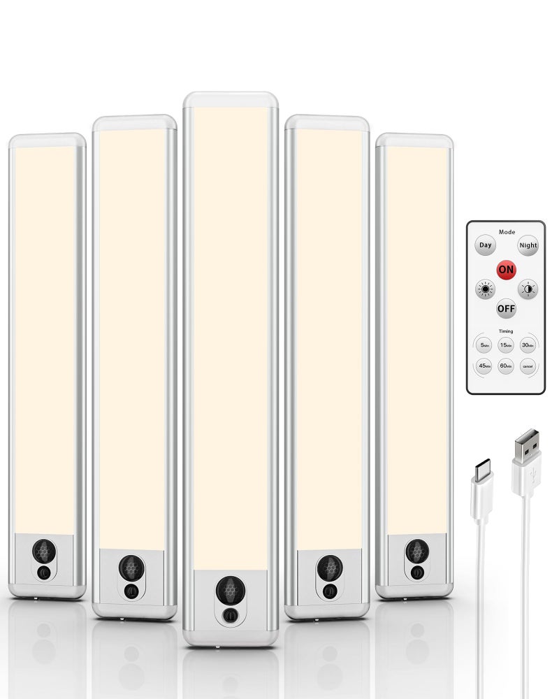 EZVALO Under Cabinet Lights, LED Closet Lights Wireless USB Charging, Motion Sensor Lighting Indoor 3500K Dimmable with Remote Control (Warm) 5 Pack - Image 1