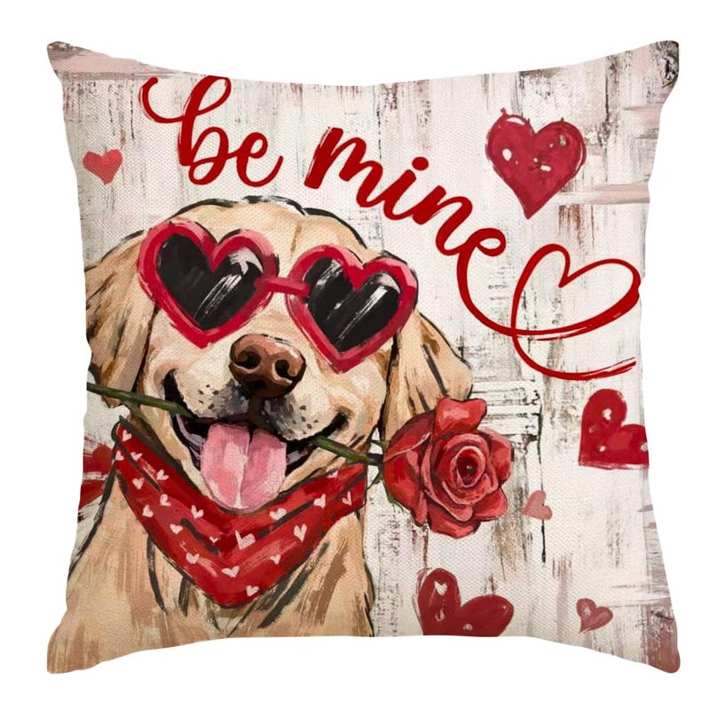 RABUSOFA Valentines Pillow Covers 18X18 Dog Be Mine Hearts Rose Throw Decorative Outdoor Cushion Cases for Valentines Decor Decorations for Home Couch Patio(26019D-18) - Image 1