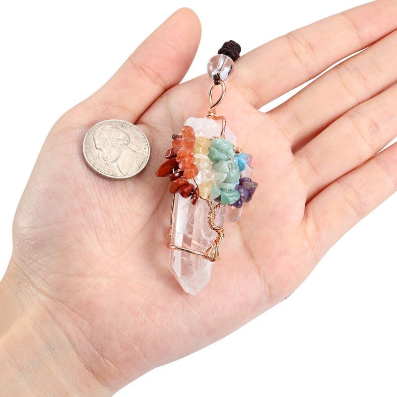 Jovivi 7 Chakra Gemstone Healing Crystals Necklace Wire Wrapped Natural Raw Clear Quartz Crystal Stone Pointed Pendant Necklace Adjustable Rope - Image 3