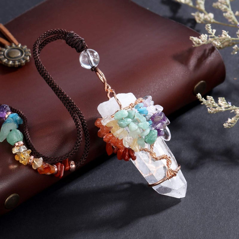 Jovivi 7 Chakra Gemstone Healing Crystals Necklace Wire Wrapped Natural Raw Clear Quartz Crystal Stone Pointed Pendant Necklace Adjustable Rope - Image 5