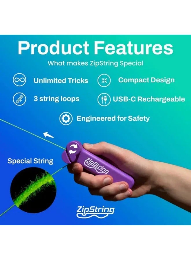 ZipString Interactive Skill Toy for Kids & Adults, Anti-Gravity String Trick Game, STEM Learning Toy, 3 Strings Included, Purple - Image 4