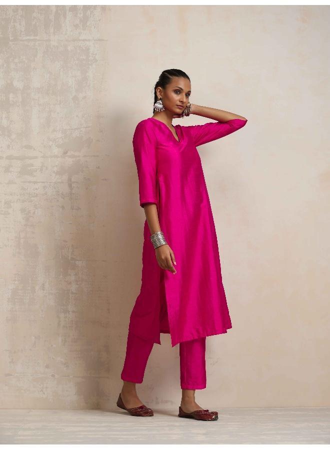 trueBrowns Pink Silk High Slit Kurta Set - Image 3