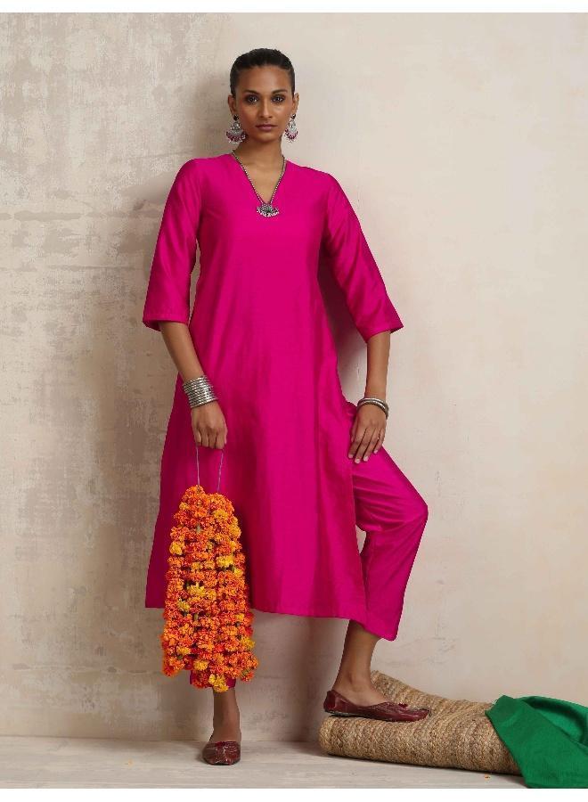 trueBrowns Pink Silk High Slit Kurta Set - Image 1