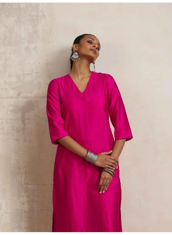 trueBrowns Pink Silk High Slit Kurta Set - Image 5