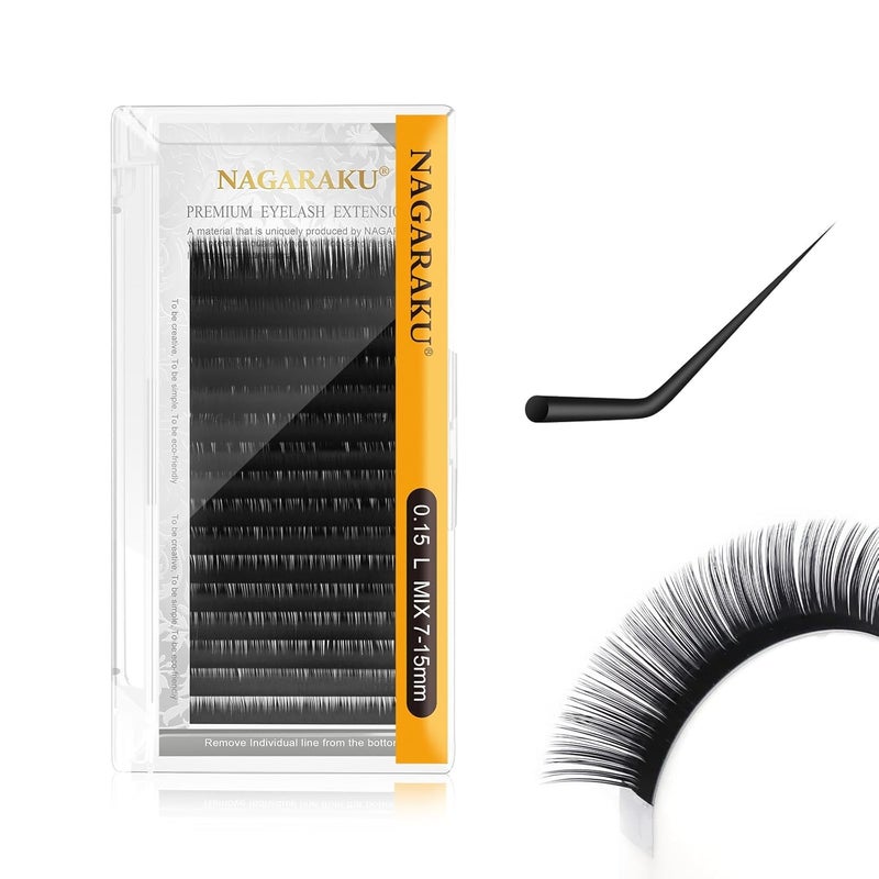 NAGARAKU Eyelash Extension Individual Lashes 0.15 L curl 7-15mm Mix Tray Classic Faux Mink 16 rows Matte Black Soft Natural - Image 1