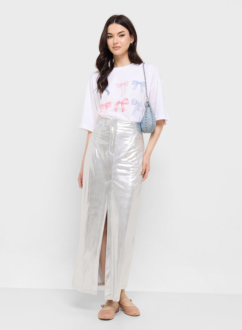 Ginger Metallic Maxi Skirt With Slit In Silver  - Image 2