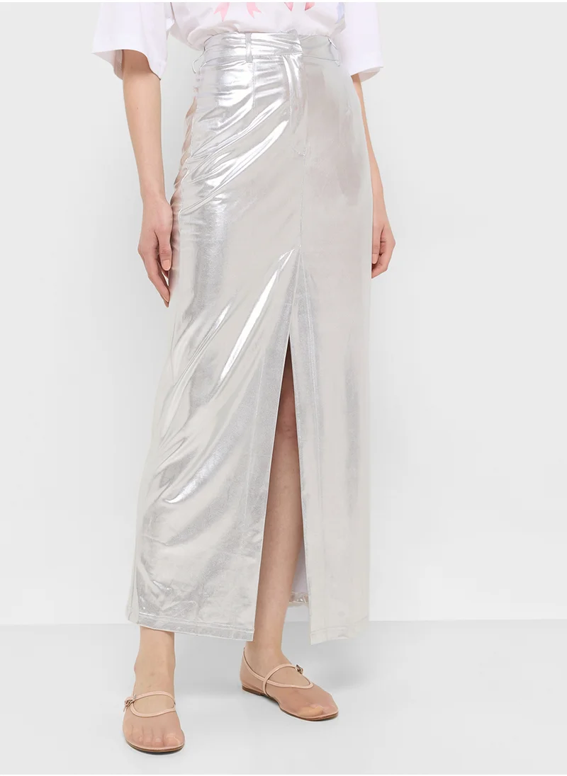 Ginger Metallic Maxi Skirt With Slit In Silver