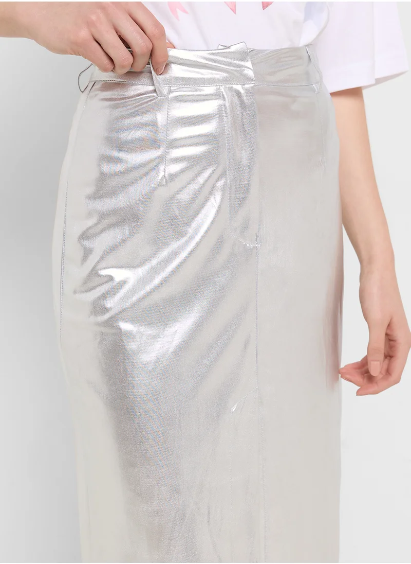 Ginger Metallic Maxi Skirt With Slit In Silver
