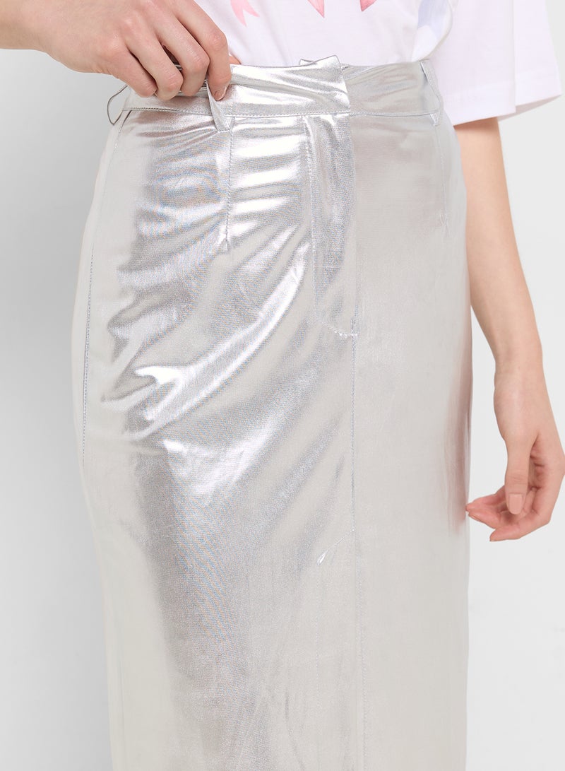 Ginger Metallic Maxi Skirt With Slit In Silver  - Image 4
