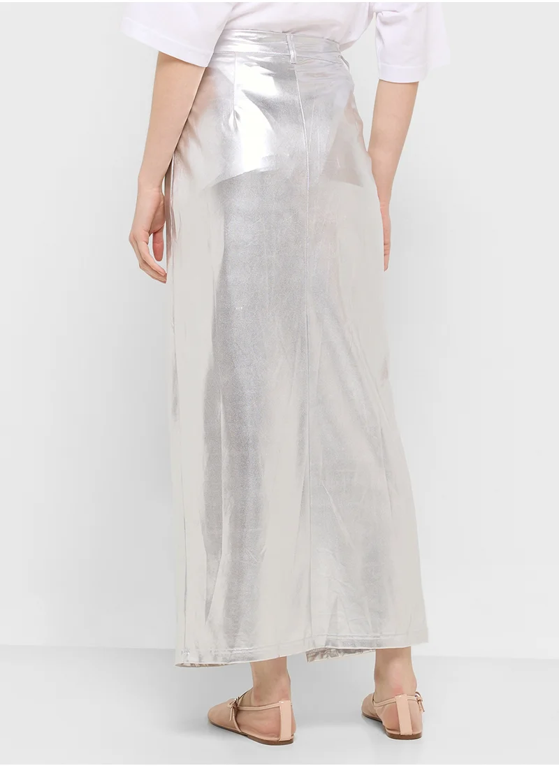 Ginger Metallic Maxi Skirt With Slit In Silver