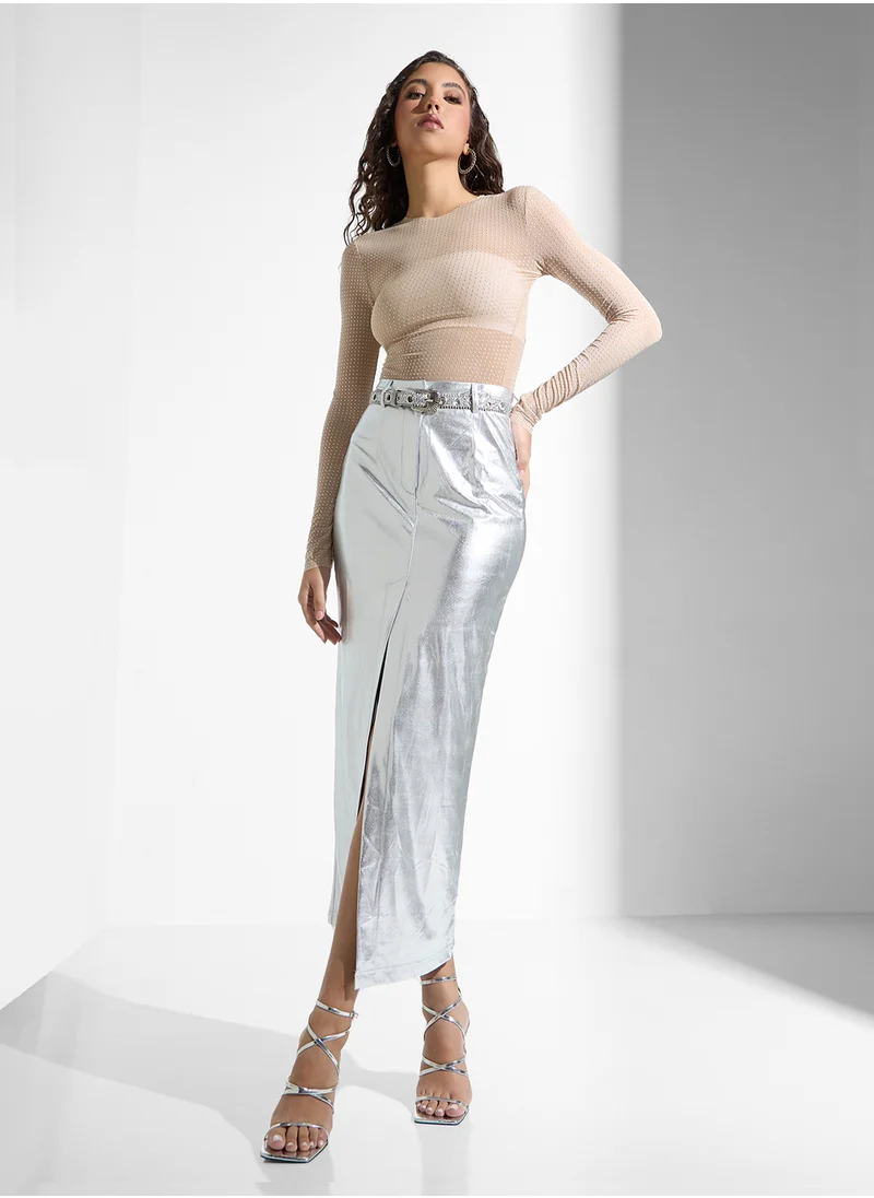 جينجر Metallic Maxi Skirt With Slit In Silver