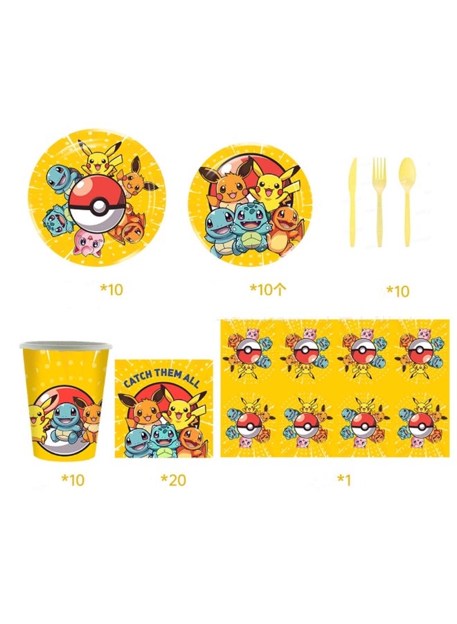 81 PCS Pokemon Party Decoration Set -Paper Plates, Paper Cups, Napkins, Tablecloths, Knives, Forks and Spoons - 10 Servings - Image 1