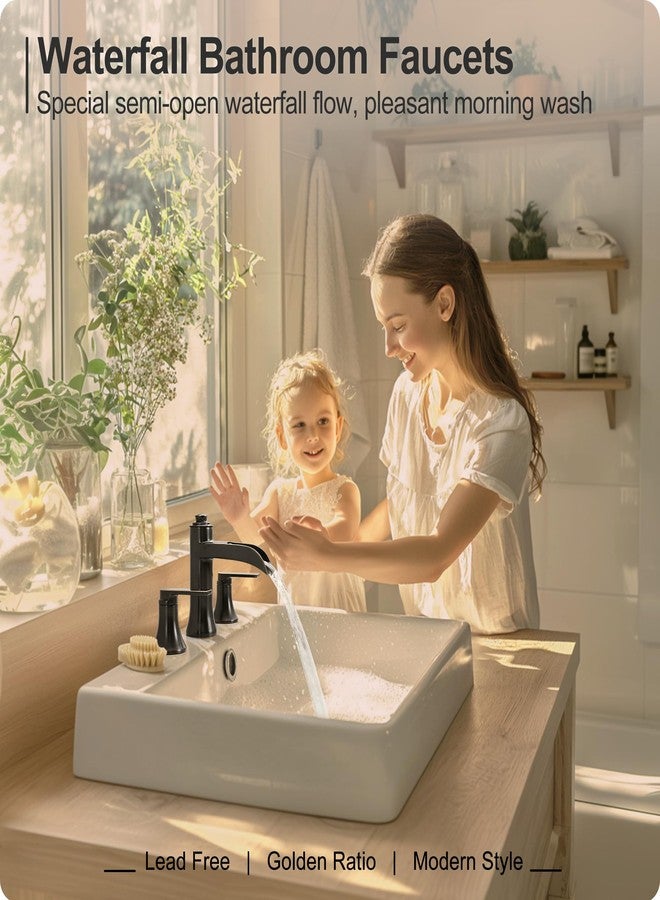 صنبور حمام HEYMYTAP بتصميم شلال، 3 فتحات، 8 بوصة، مصنوع من النحاس الأصفر المطلي بالبرونز، بمقبضين، صنبور حوض حمام واسع الانتشار مع مصرف منبثق وخرطوم. - Image 2