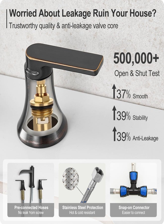 صنبور حمام HEYMYTAP بتصميم شلال، 3 فتحات، 8 بوصة، مصنوع من النحاس الأصفر المطلي بالبرونز، بمقبضين، صنبور حوض حمام واسع الانتشار مع مصرف منبثق وخرطوم. - Image 5