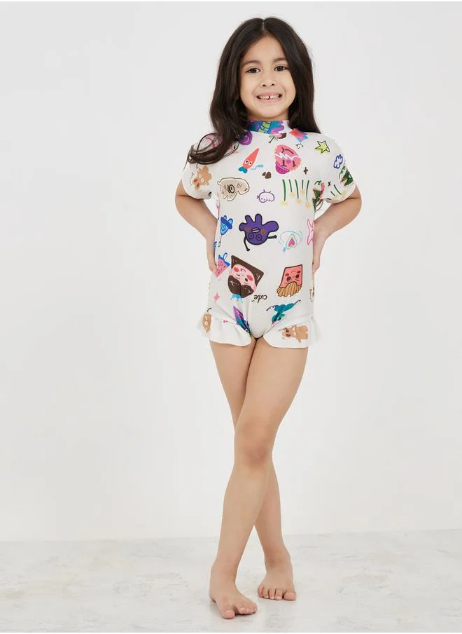 ستايلي Cartoon Print High Neck Swimsuit