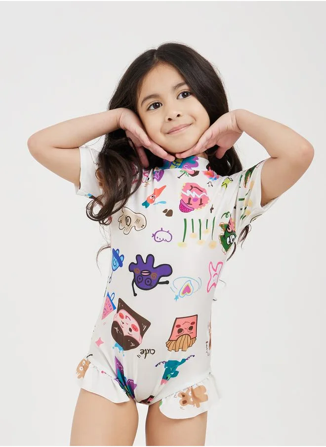 ستايلي Cartoon Print High Neck Swimsuit
