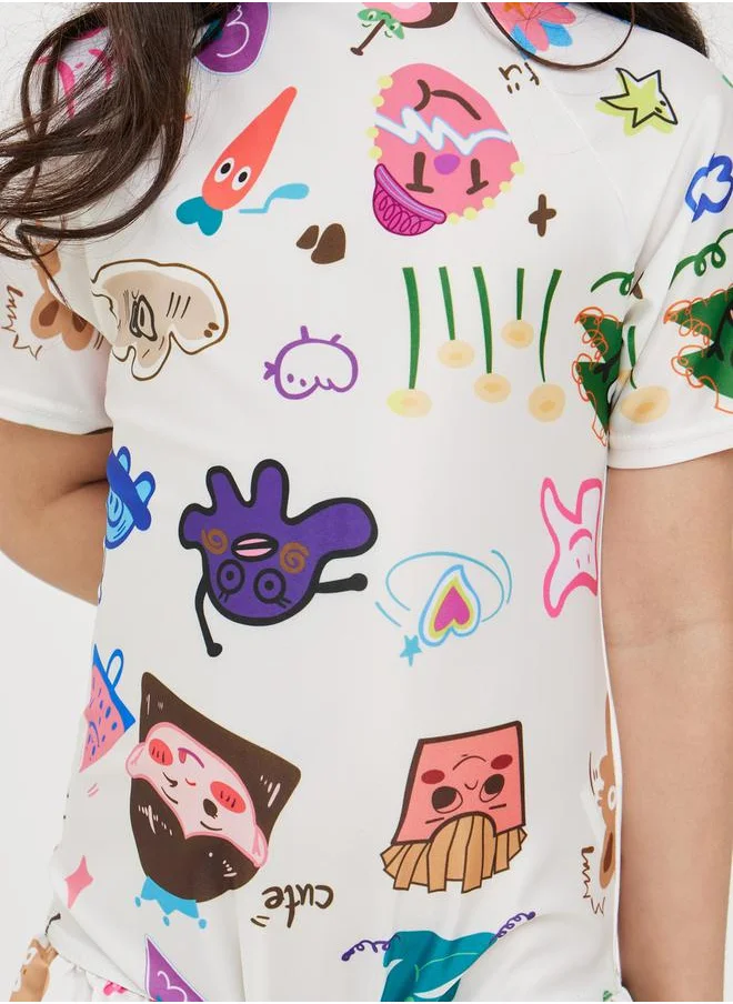 ستايلي Cartoon Print High Neck Swimsuit