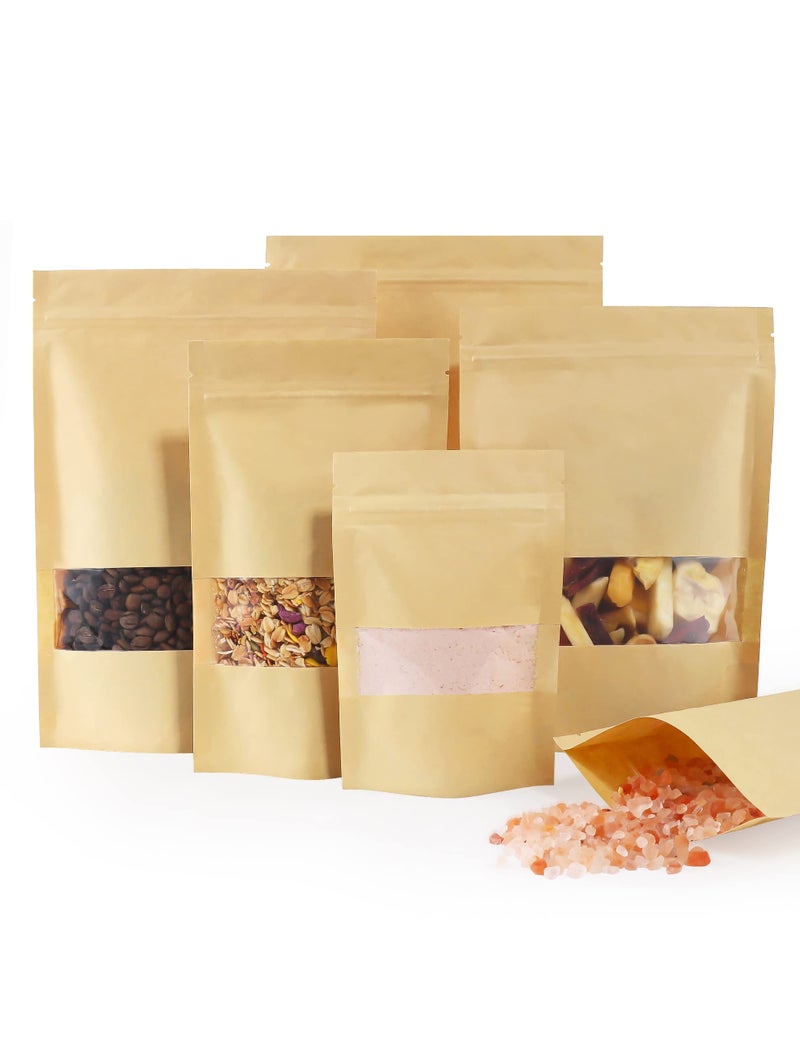 FireKylin 100 Pcs Kraft Paper Bags with Window 39 x 59 Stand Up Pouches Zip Lock Food Storage Bags for Packaging Products Reusable Sealable
