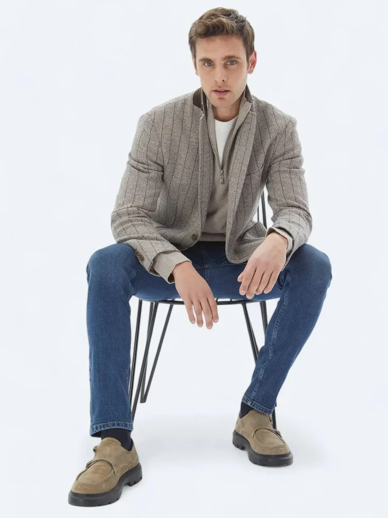 كيب جاكيت قطني عصري مخطط باللون البني