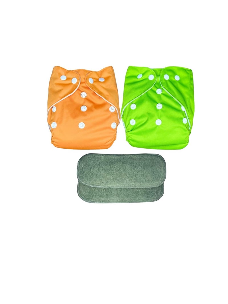 Kogar Reuse Nappy Adjustable Reusable & washable Cloth Diaper with Super Absorbent Insert, 3-36 Months, 2-Pack (Orange & green) - Image 1