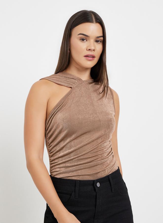 Styli Brown Textured Sleeveless Bodysuit - Image 3