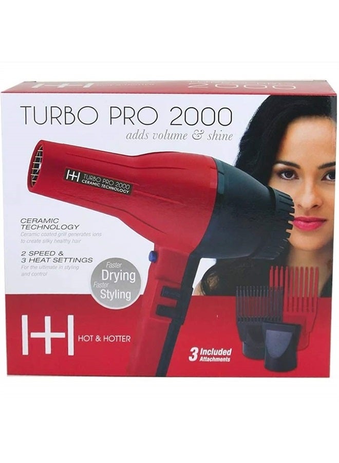 Annie Hot and Hotter Salon Turbo Pro-2000 Ionic Hair Dryer - Red - Ceramic - (2) Hair Pick Attachments and (1) Concentrator Attachment