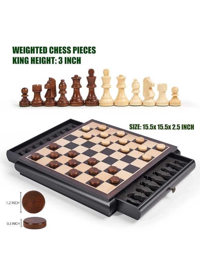 Vamslove Wooden Chess Checkers Game Set 15.5" Large Size Board w/Storage Drawers, Weighted Chess Pieces - 2 Extra Queens 3" King, Gift for Birthday Housewarming Retirement - Black  - Image 1