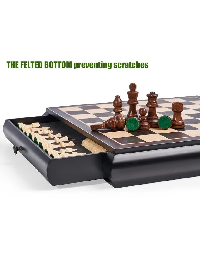 Vamslove Wooden Chess Checkers Game Set 15.5" Large Size Board w/Storage Drawers, Weighted Chess Pieces - 2 Extra Queens 3" King, Gift for Birthday Housewarming Retirement - Black  - Image 2