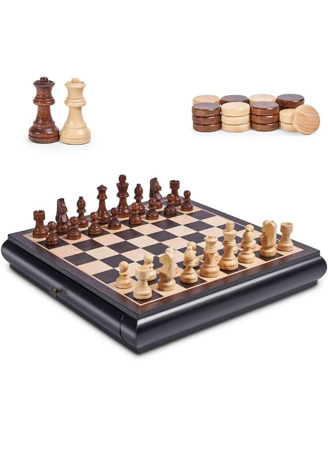 Vamslove Wooden Chess Checkers Game Set 15.5" Large Size Board w/Storage Drawers, Weighted Chess Pieces - 2 Extra Queens 3" King, Gift for Birthday Housewarming Retirement - Black  - Image 3