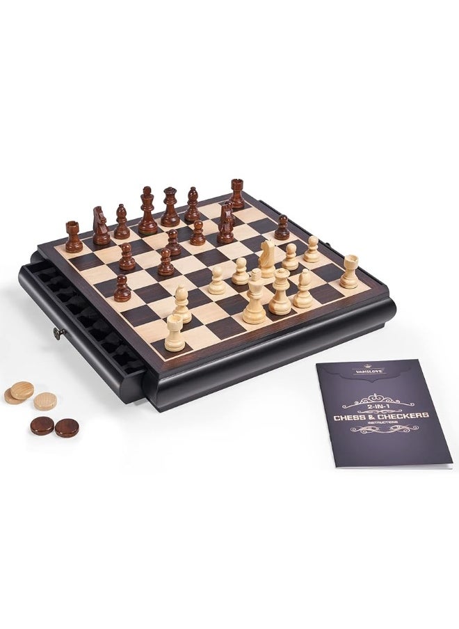 Vamslove Wooden Chess Checkers Game Set 15.5" Large Size Board w/Storage Drawers, Weighted Chess Pieces - 2 Extra Queens 3" King, Gift for Birthday Housewarming Retirement - Black  - Image 4