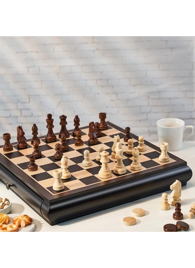 Vamslove - Wooden Chess Checkers Game Set 15.5" Large Size Board w/Storage Drawers, Weighted Chess Pieces - 2 Extra Queens 3" King, Gift for Birthday Housewarming Retirement - Black - Image 1