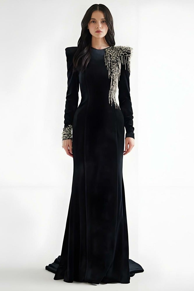 Loquat Women's Long Sleeves Luxury Beaded Decoration Evening Party Wedding Maxi Gown Dresses Black - Image 1