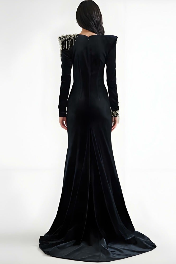 Loquat Women's Long Sleeves Luxury Beaded Decoration Evening Party Wedding Maxi Gown Dresses Black - Image 2