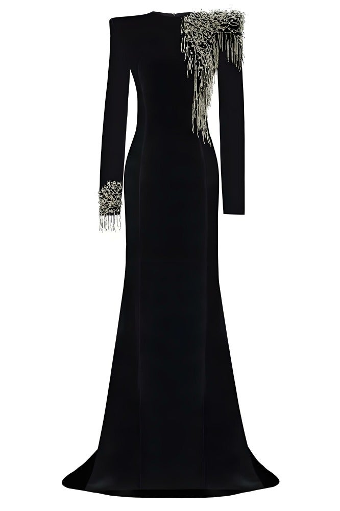 Loquat Women's Long Sleeves Luxury Beaded Decoration Evening Party Wedding Maxi Gown Dresses Black - Image 3