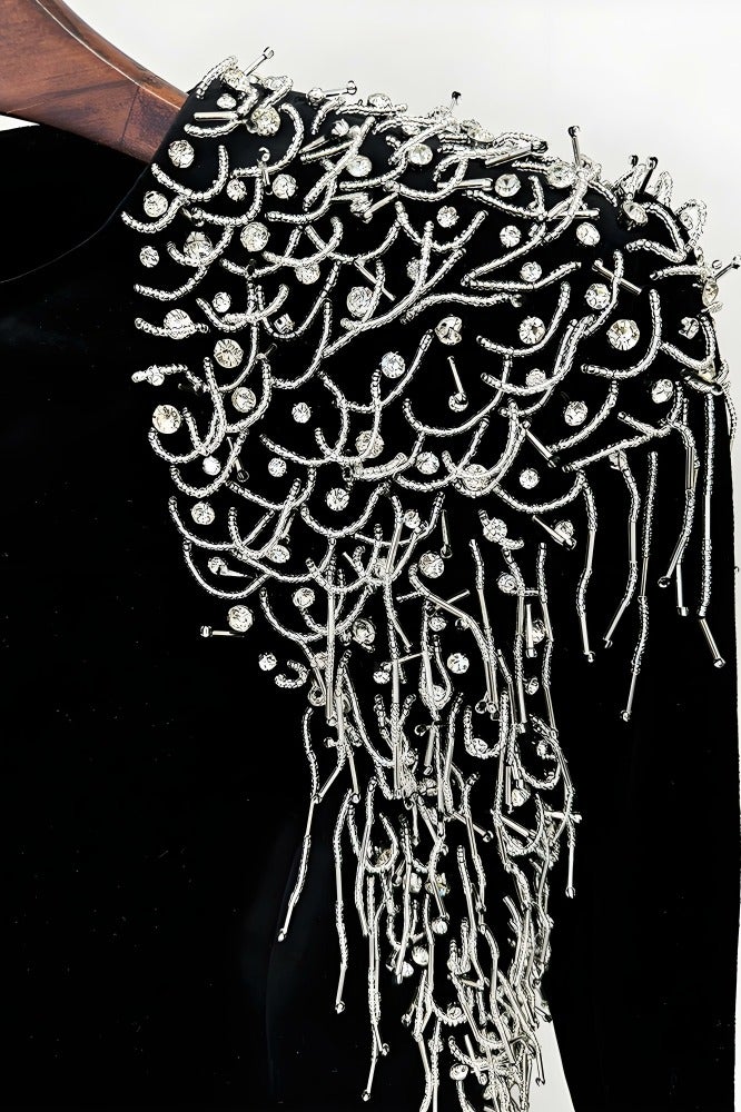 Loquat Women's Long Sleeves Luxury Beaded Decoration Evening Party Wedding Maxi Gown Dresses Black - Image 4