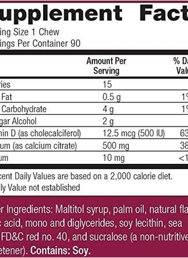 Bariatric Advantage - Calcium Citrate Chewy Bites 500mg with Vitamin D3 for Bariatric Surgery Patients Including Gastric Bypass and Sleeve Gastrectomy, Sugar Free - Strawberry Flavor, 90 Count - Image 1