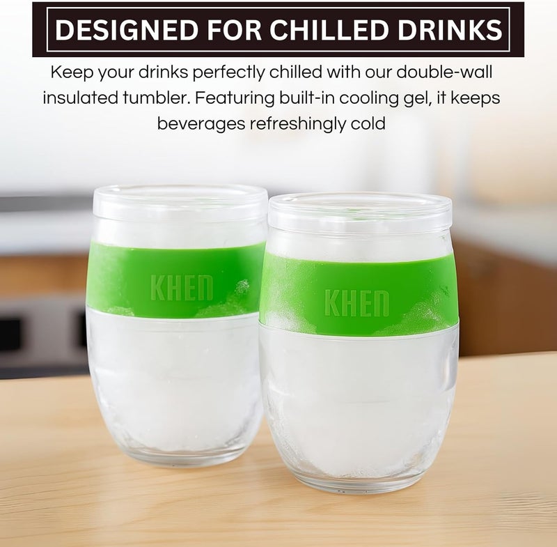 Khen Freezable Wine Tumbler Set with Lids & Green Grip - 2 Set - 13 oz Tumblers Insulated Cooling Gel Glasses – Reusable Double Wall Stemless Cups for Keeping Drinks Cold, Outdoor Entertaining & Gifts - Image 3
