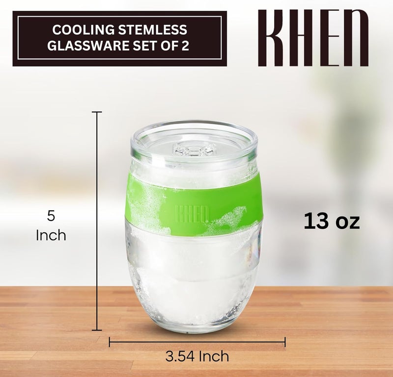 Khen Freezable Wine Tumbler Set with Lids & Green Grip - 2 Set - 13 oz Tumblers Insulated Cooling Gel Glasses – Reusable Double Wall Stemless Cups for Keeping Drinks Cold, Outdoor Entertaining & Gifts - Image 2