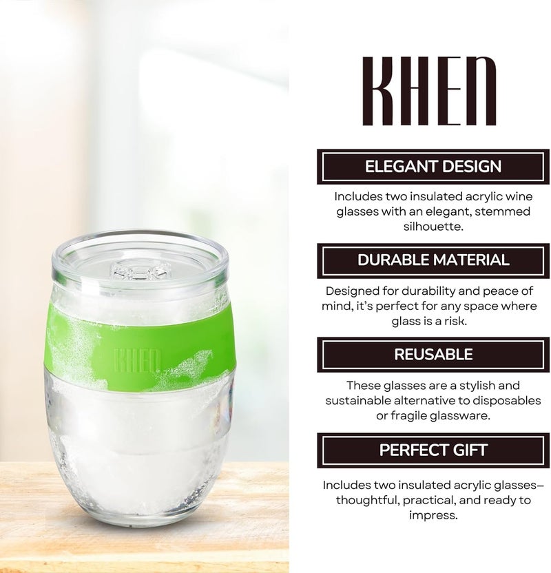 Khen Freezable Wine Tumbler Set with Lids & Green Grip - 2 Set - 13 oz Tumblers Insulated Cooling Gel Glasses – Reusable Double Wall Stemless Cups for Keeping Drinks Cold, Outdoor Entertaining & Gifts - Image 5